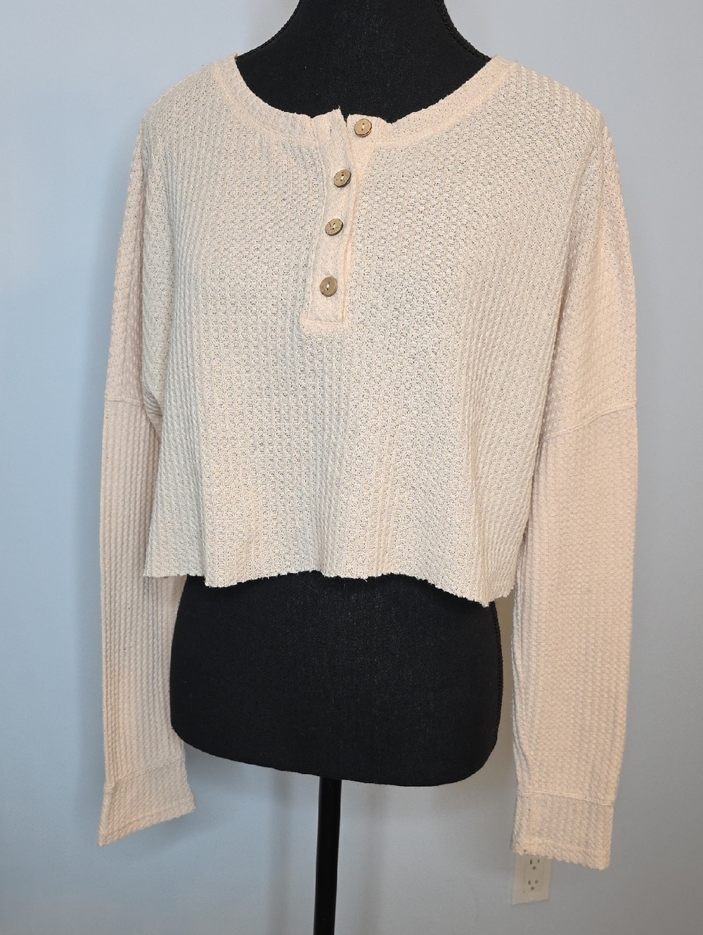Cropped , Light weight Waffle Henley Top in Light Cream